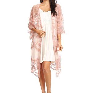 Long Embroidered Lace Kimono with Half Sleeves